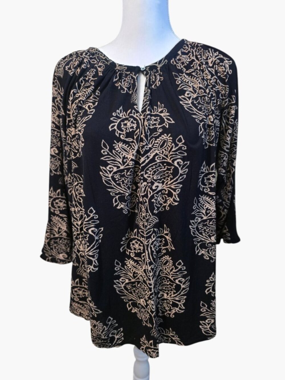 Lucky Brand Women's 3/4 Sleeve Black and Beige Top Blouse BOHO Size 1X